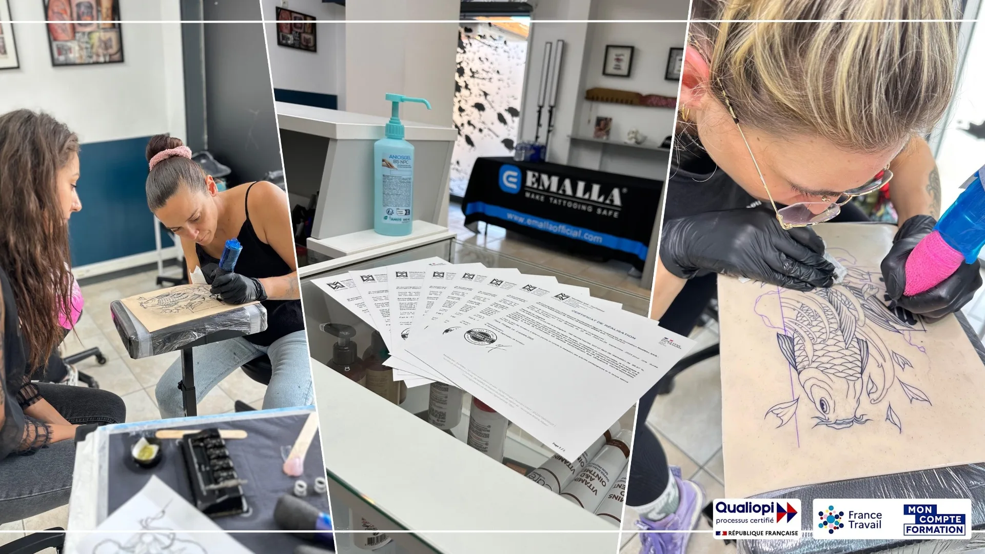 Élèves en formation à l'école EvoTattoo — pratique, hygiène et certifications