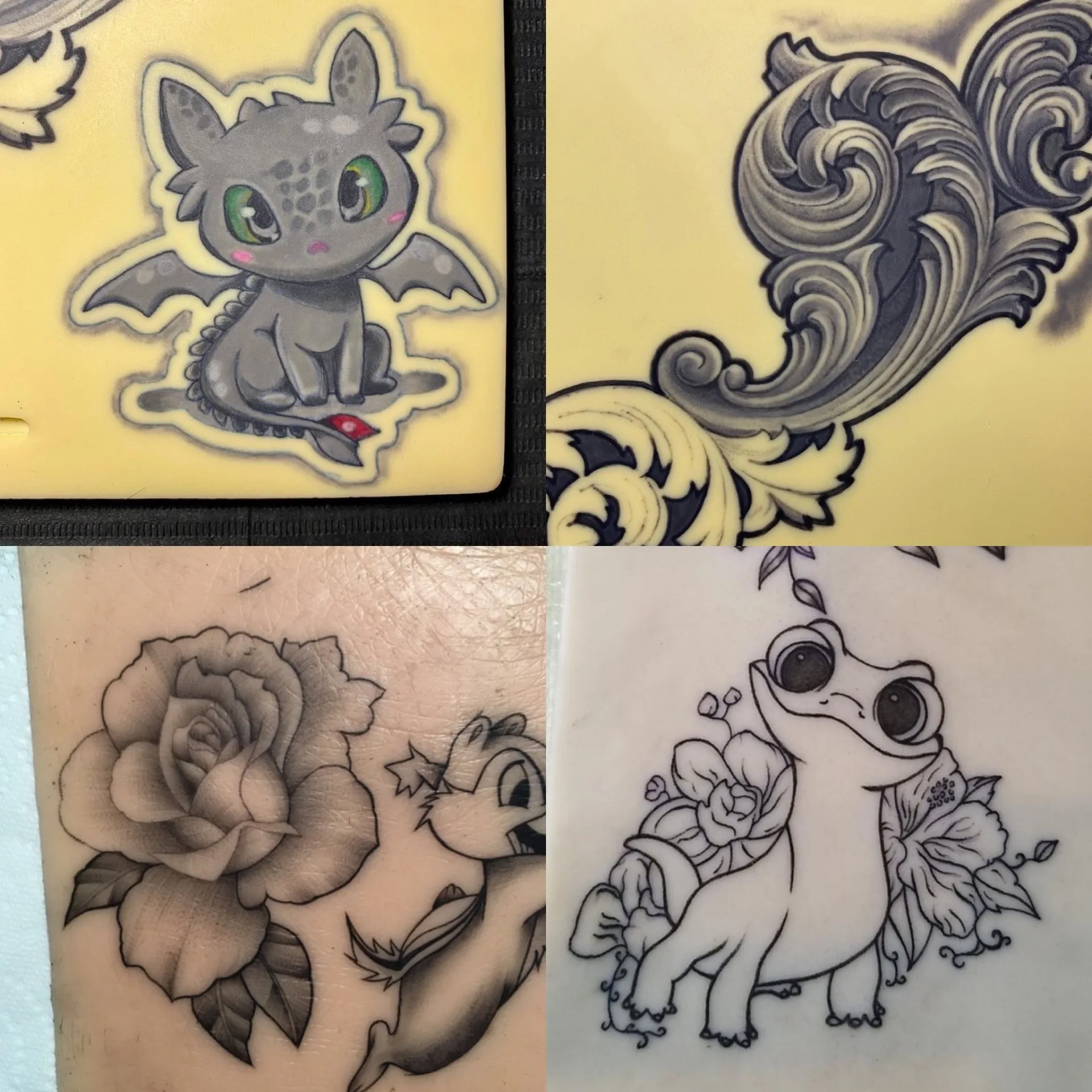 TP élève — collage Disney : Krokmou, ornements baroques, rose, grenouille