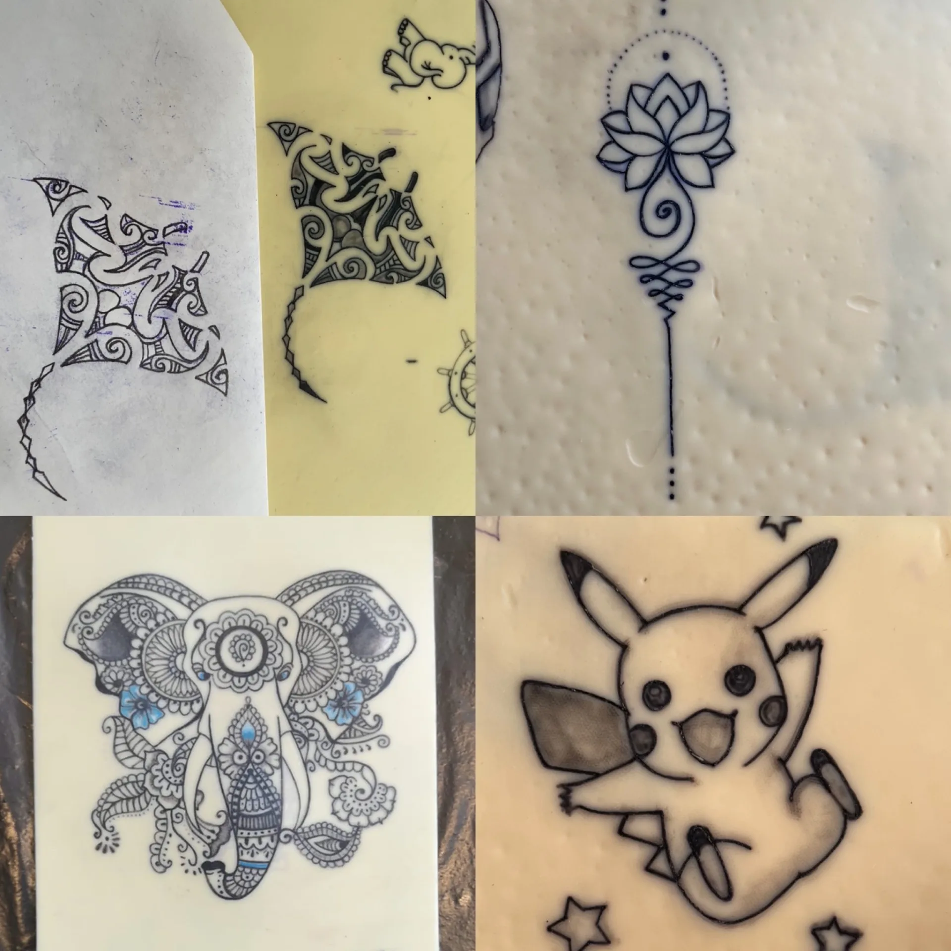 TP élèves — collage maori, lotus unalome, éléphant mandala et Pikachu