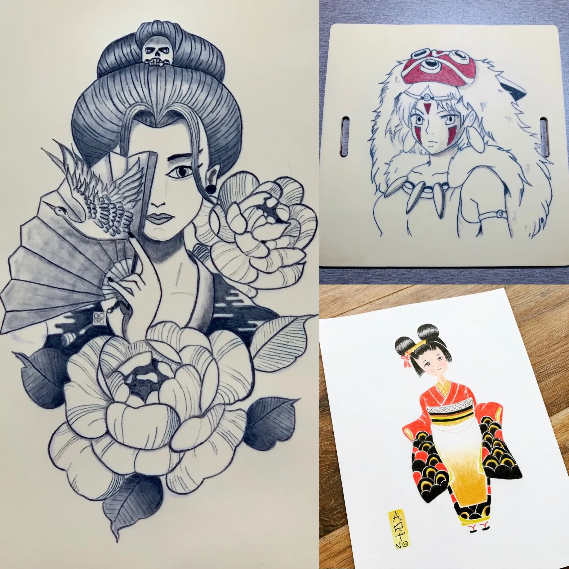 TP élèves — collage geisha avec éventail, princesse Mononoké et kokeshi
