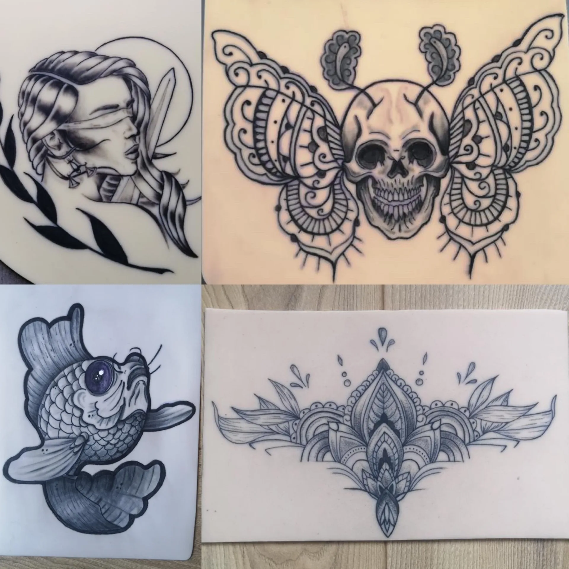 TP élèves — collage portrait, crâne papillon ornemental, carpe et mandala